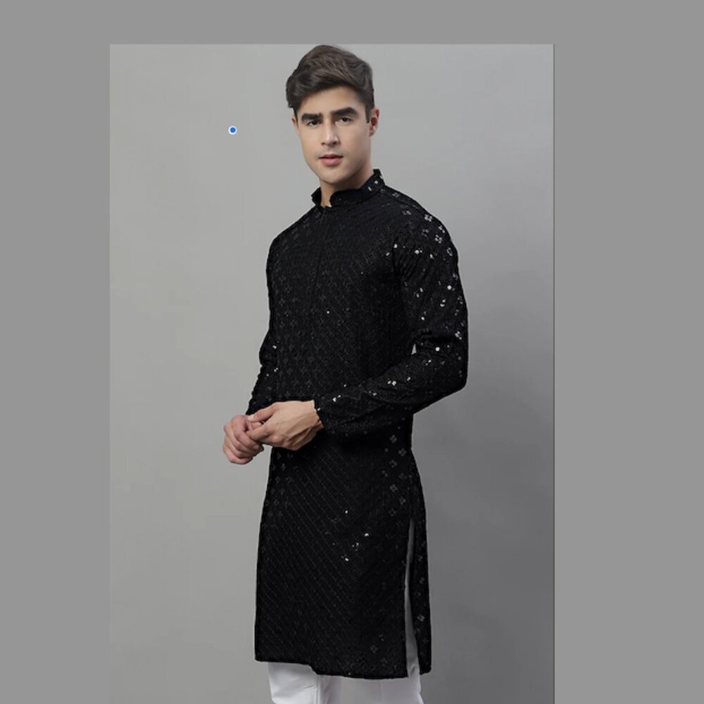 BRAND NEW WITH TAGS Men's Black Chikankari Embroidered and Sequence Kurta